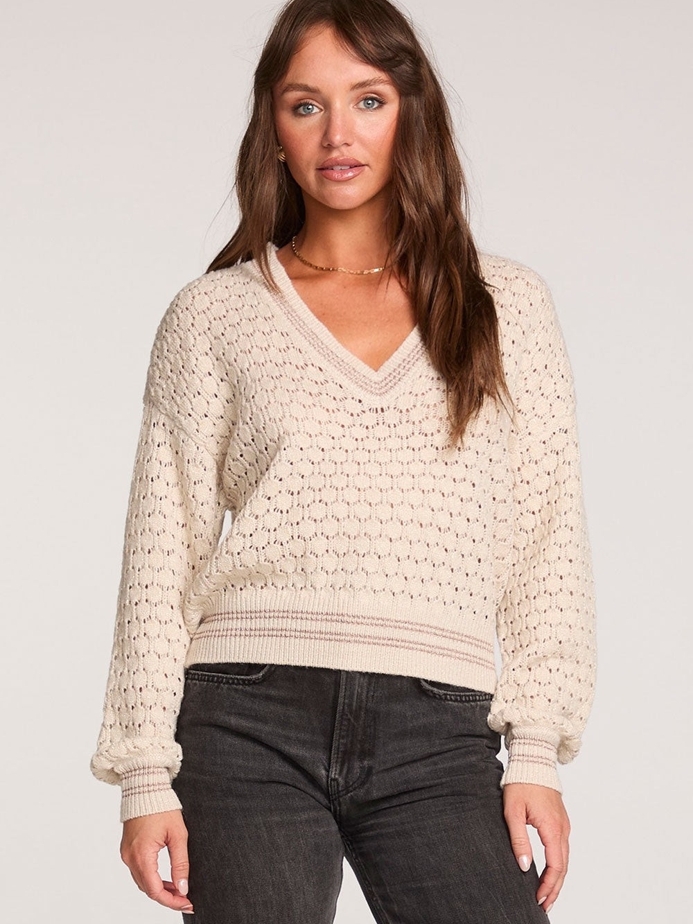 saltwater LUXE Open Knit V-Neck Sweater in Cream